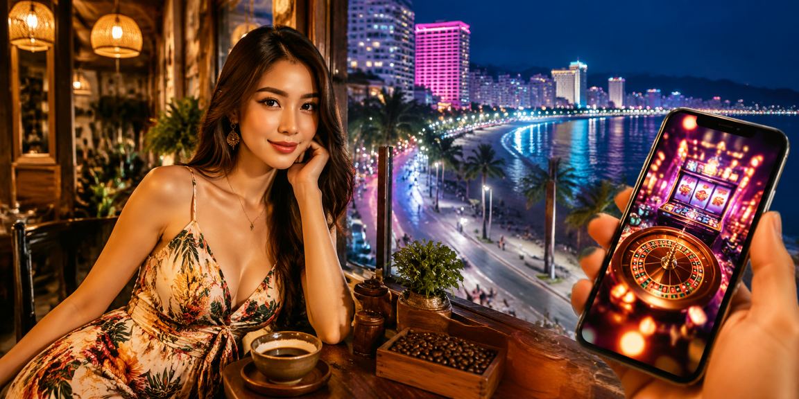 Người dùng Nha Trang xem voucher casino trên điện thoại bên ly cà phê
